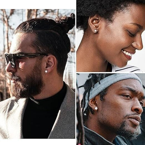 2 Pairs Of 316L Surgical-Steel Black & Silver Flat Round Men Women Stud Earrings